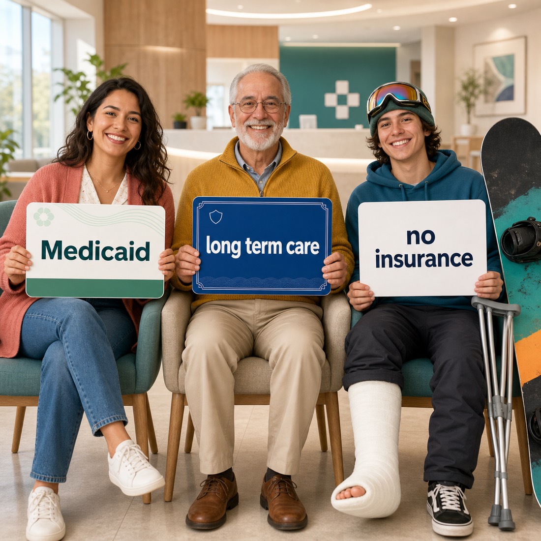 Three people in a bright waiting room holding signs that read Medicaid, long term care, and no insurance.