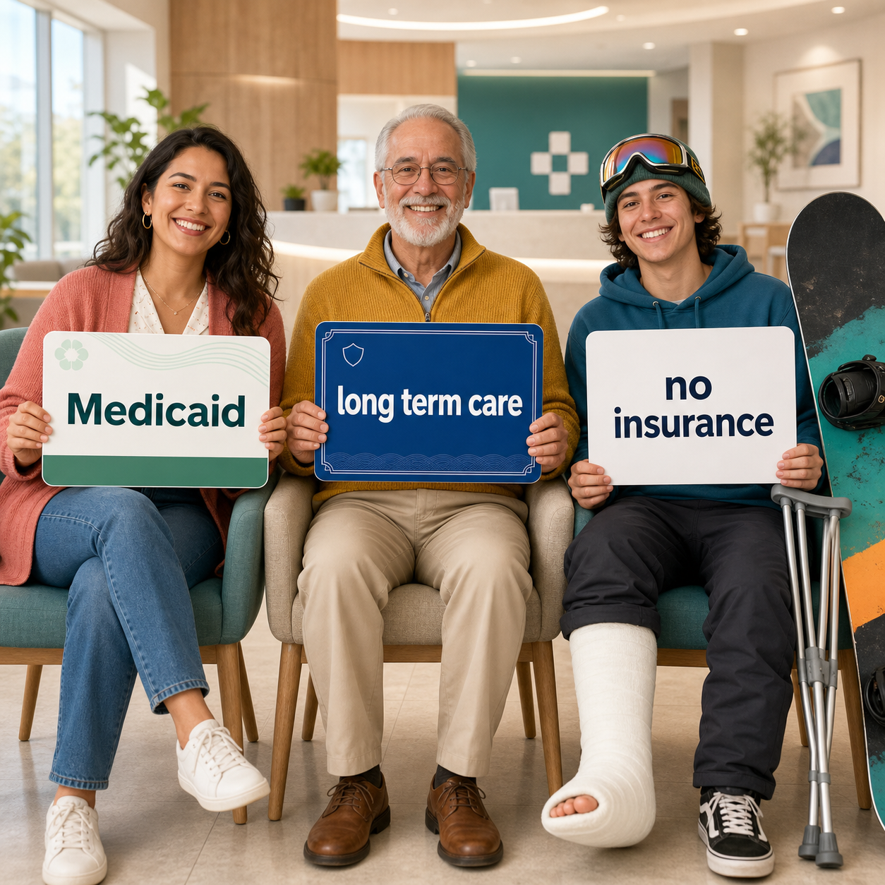 Three care seekers holding signs reading Medicaid, long term care, and no insurance