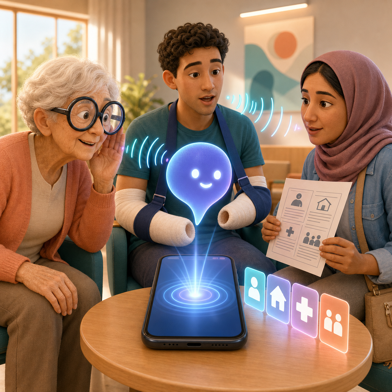A voice assistant projected from a phone helping three people fill out care paperwork